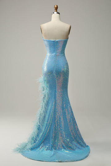 Mermaid Sweetheart Light Blue Sequins Long Ball Dress with Feather